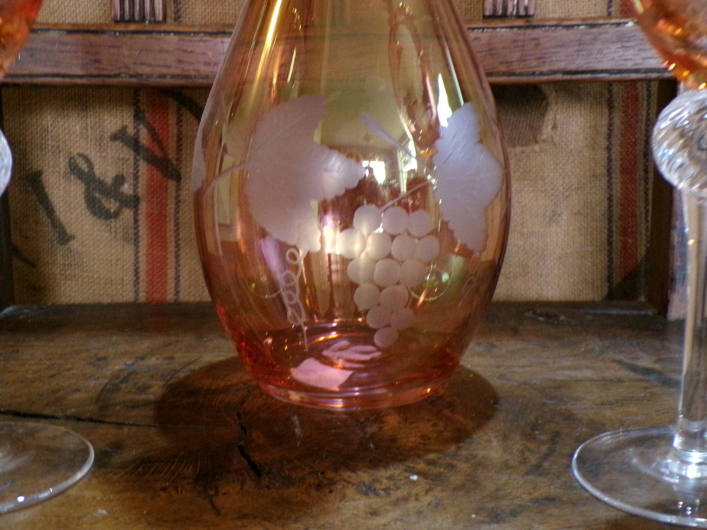 Three set Murano red and gold lustre mid century caraffe and wine glass set.