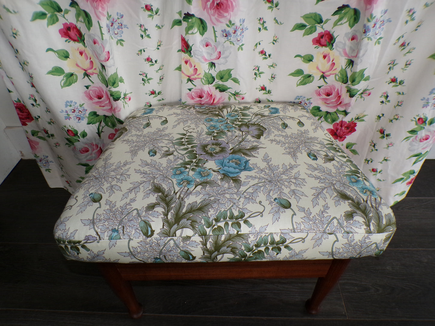 Mid century footstool with Morris and Co upholstery