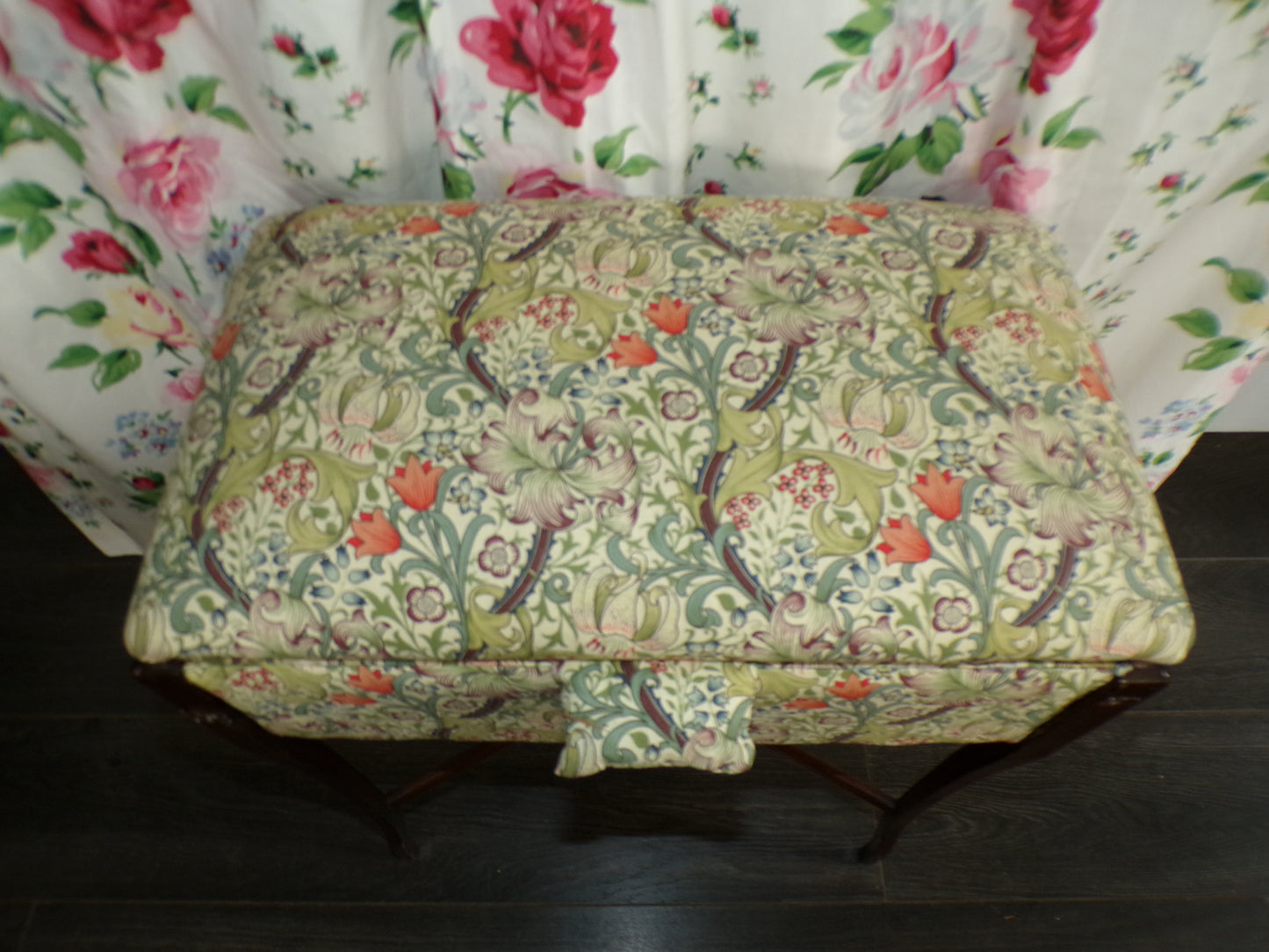 Edwardian mahogany sewing storage stand with William Morris Golden Lily upholstery