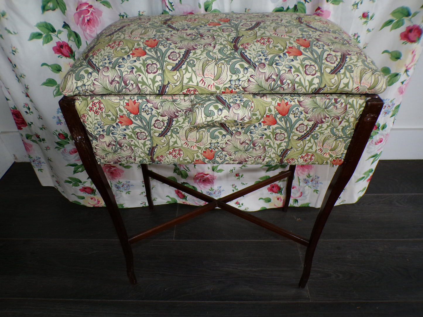 Edwardian mahogany sewing storage stand with William Morris Golden Lily upholstery