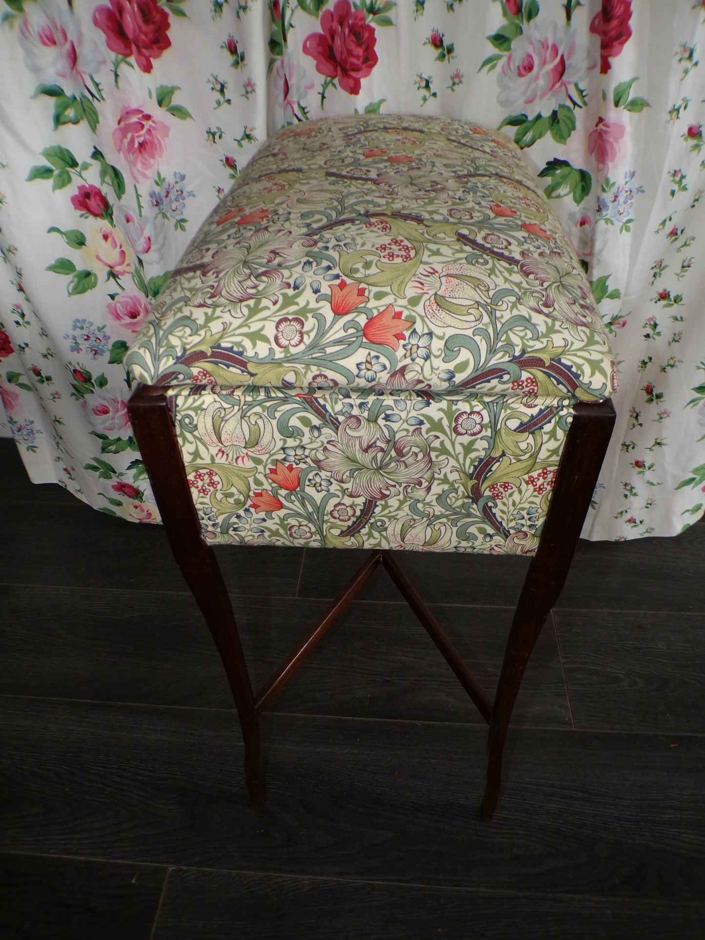 Edwardian mahogany sewing storage stand with William Morris Golden Lily upholstery