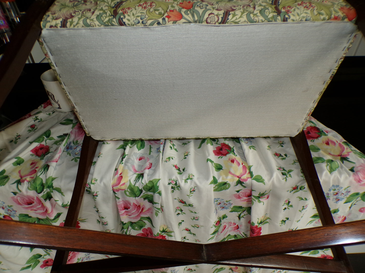 Edwardian mahogany sewing storage stand with William Morris Golden Lily upholstery