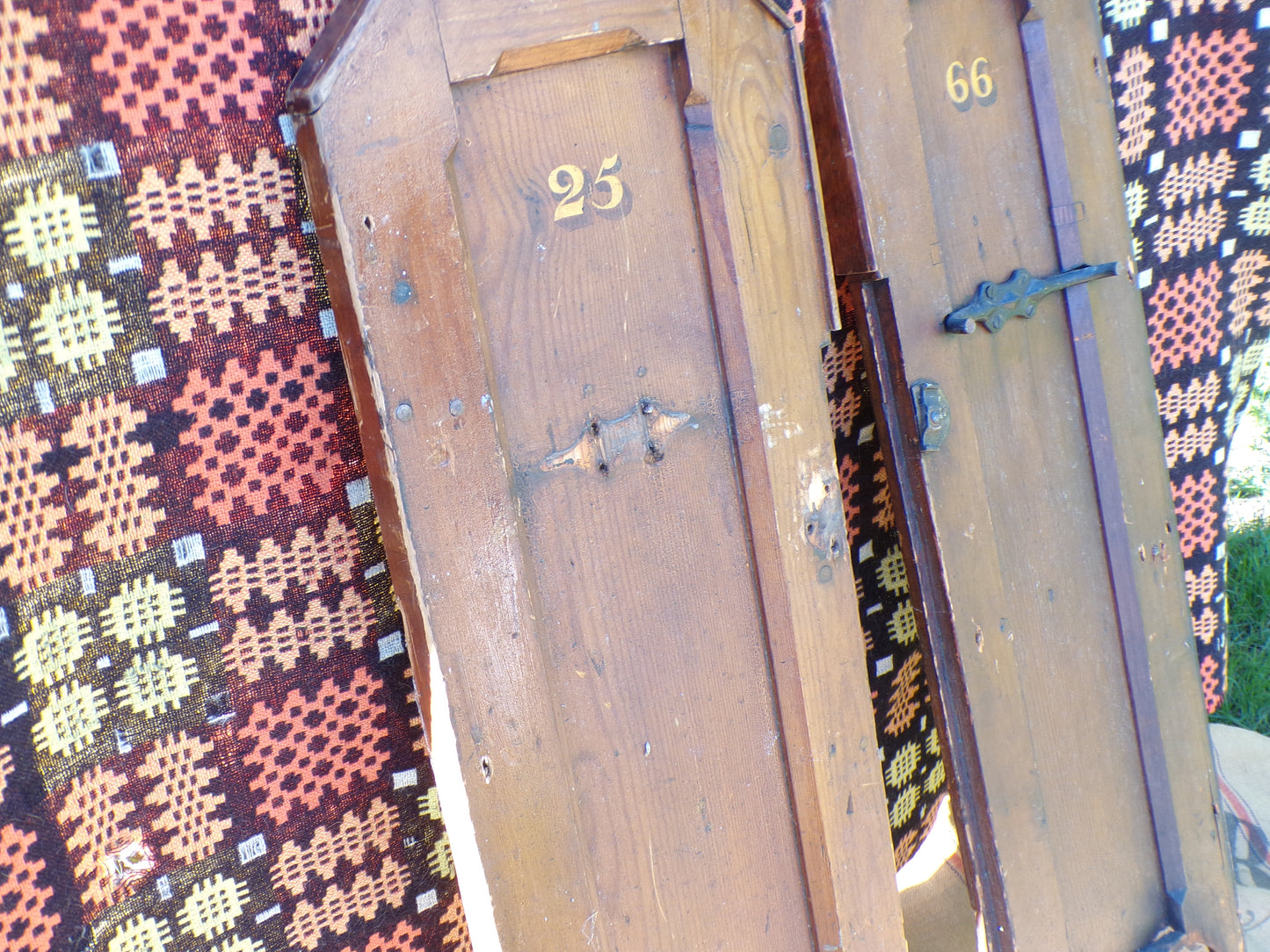 Pitch pine church pew ends with painted numbers