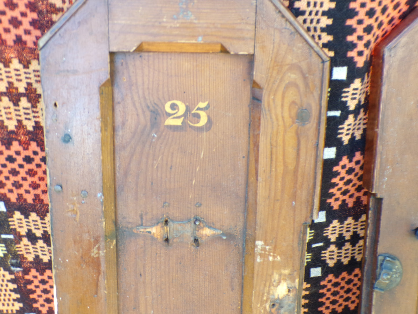 Pitch pine church pew ends with painted numbers