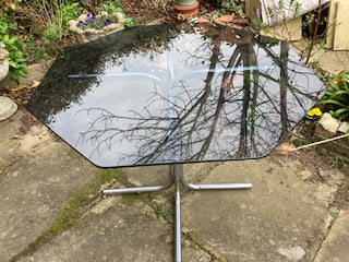 Mid C set of 3 Pieff Eleganza style glass table and chairs with original upholstery.