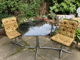 Mid C set of 3 Pieff Eleganza style glass table and chairs with original upholstery.