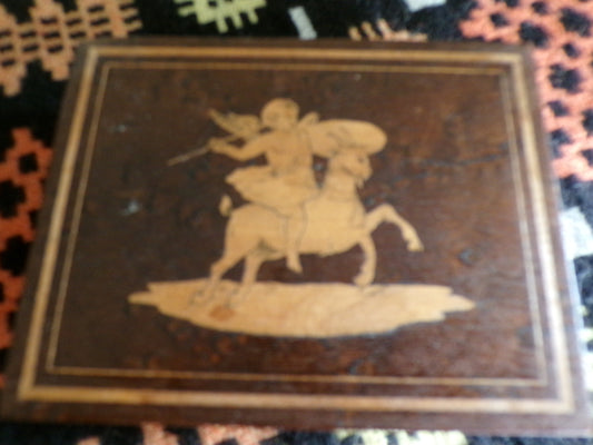 Florentine tourist piece - wooden box with inlaid cherub on a goat (!)