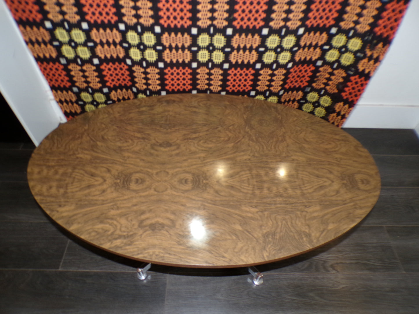 Mid century walnut effect and chrome plated oval pedestal side/coffee table.