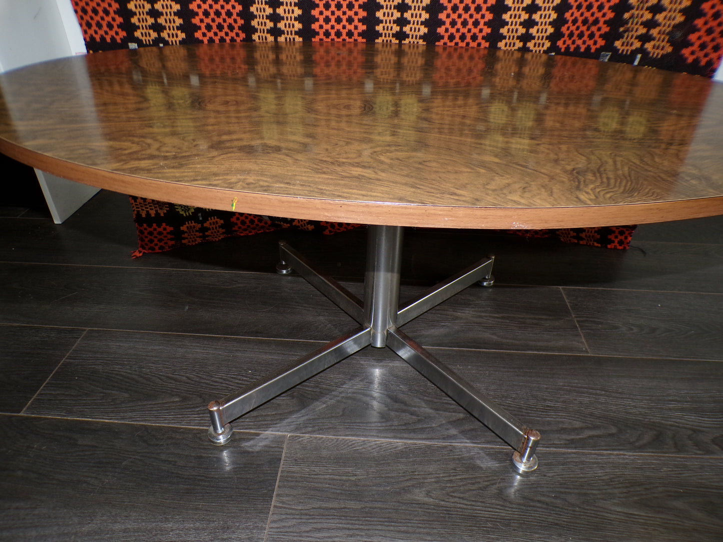 Mid century walnut effect and chrome plated oval pedestal side/coffee table.