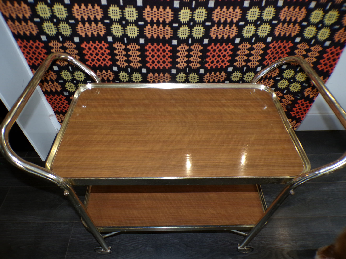 Mid C chrome plated and teak effect drinks trolley