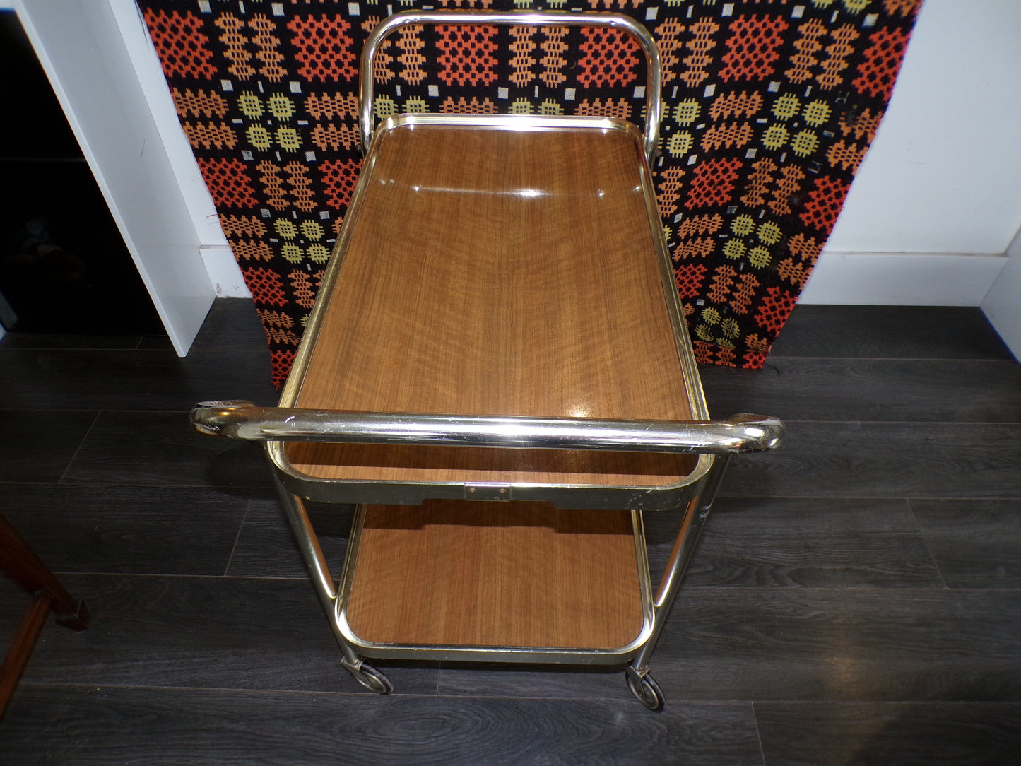 Mid C chrome plated and teak effect drinks trolley