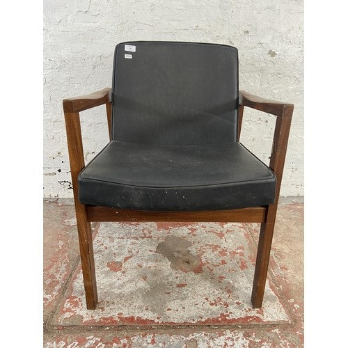 Mid century Danish teak and black vinyl armchair