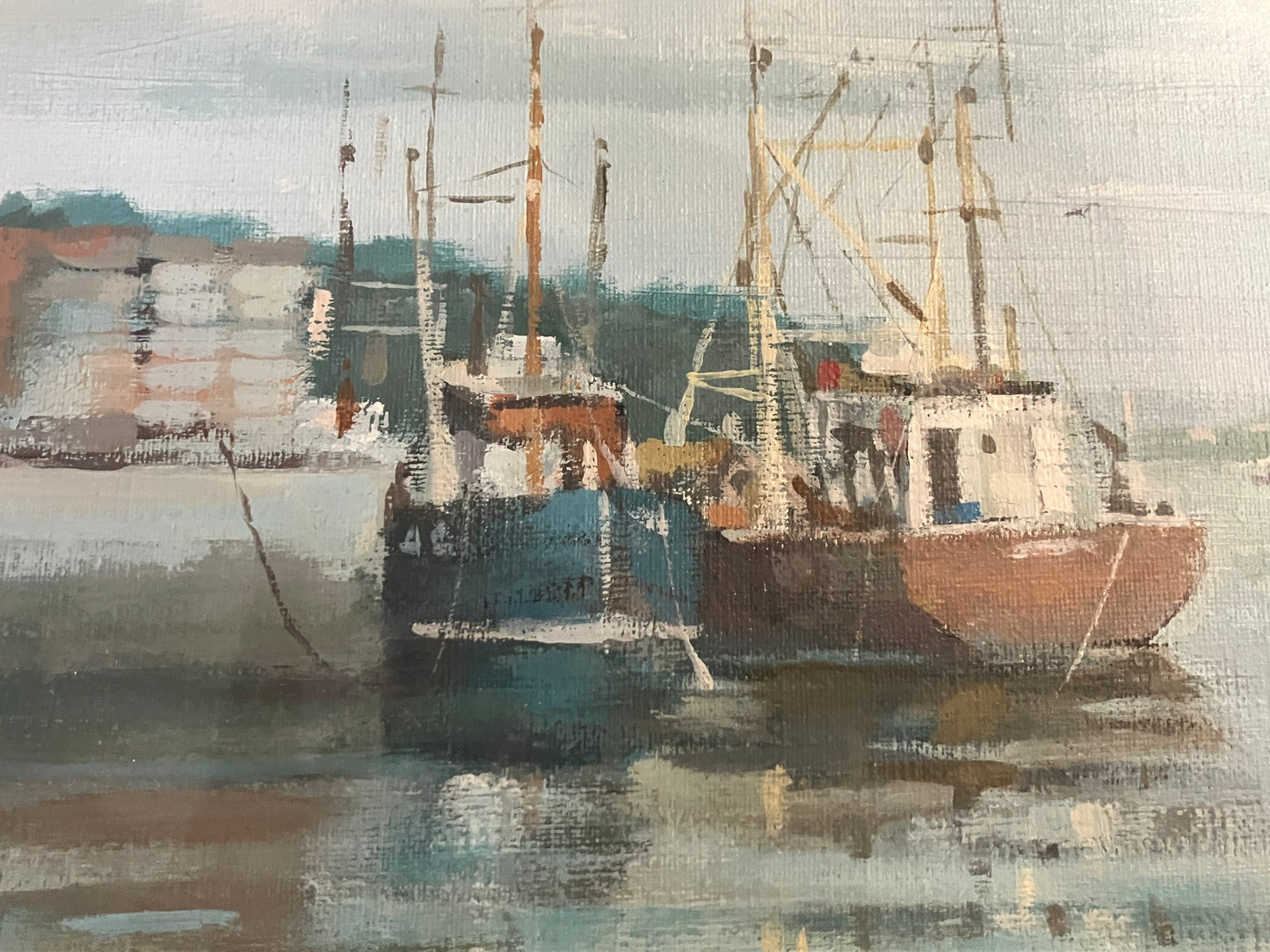 Acrylic boats on water painting - signed.
