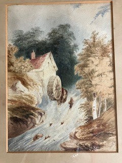Edwardian/Victorian pastoral water colour of water mill. Signed.