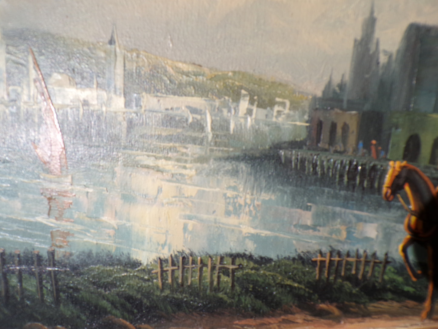 Signed oil on canvas - Bavarian-type city by river