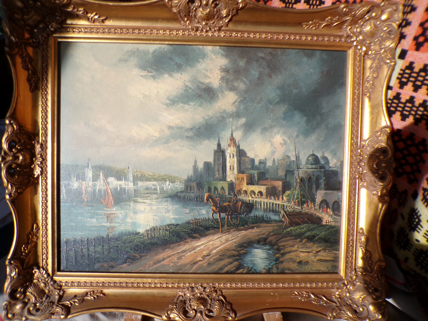 Signed oil on canvas - Bavarian-type city by river