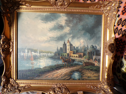Signed oil on canvas - Bavarian-type city by river