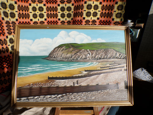 Signed acrylic on canvas seaside scene - probably Beachy Head but looks like Llandudno too.
