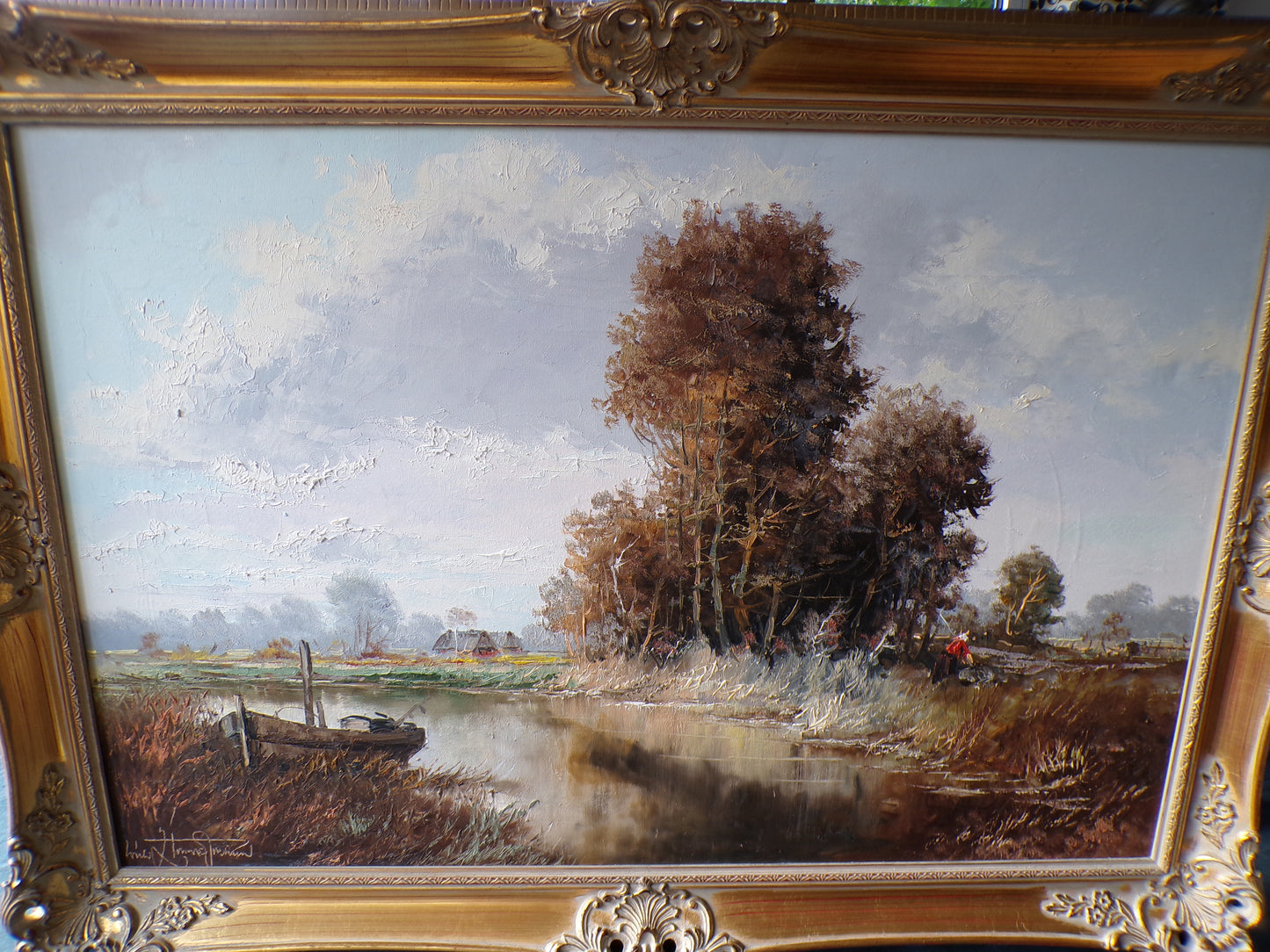 Signed oil on canvas river scene - late 20thC very large