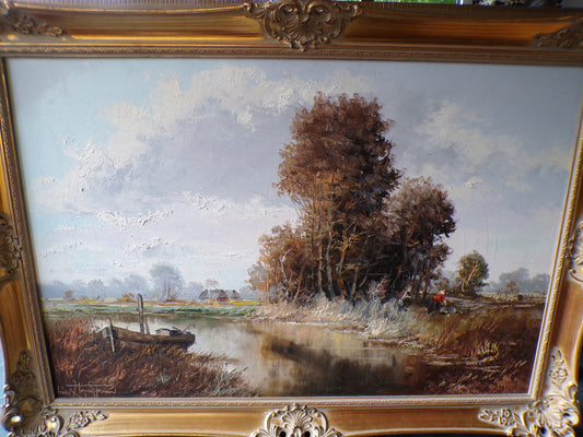 Signed oil on canvas river scene - late 20thC very large