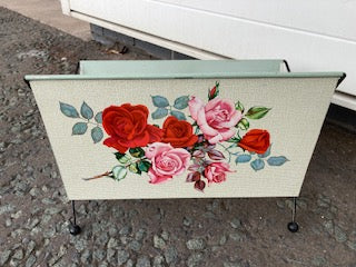 Mid C floral metal magazine rack with painted roses
